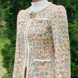 Áo khoác tweed cổ tròn túi