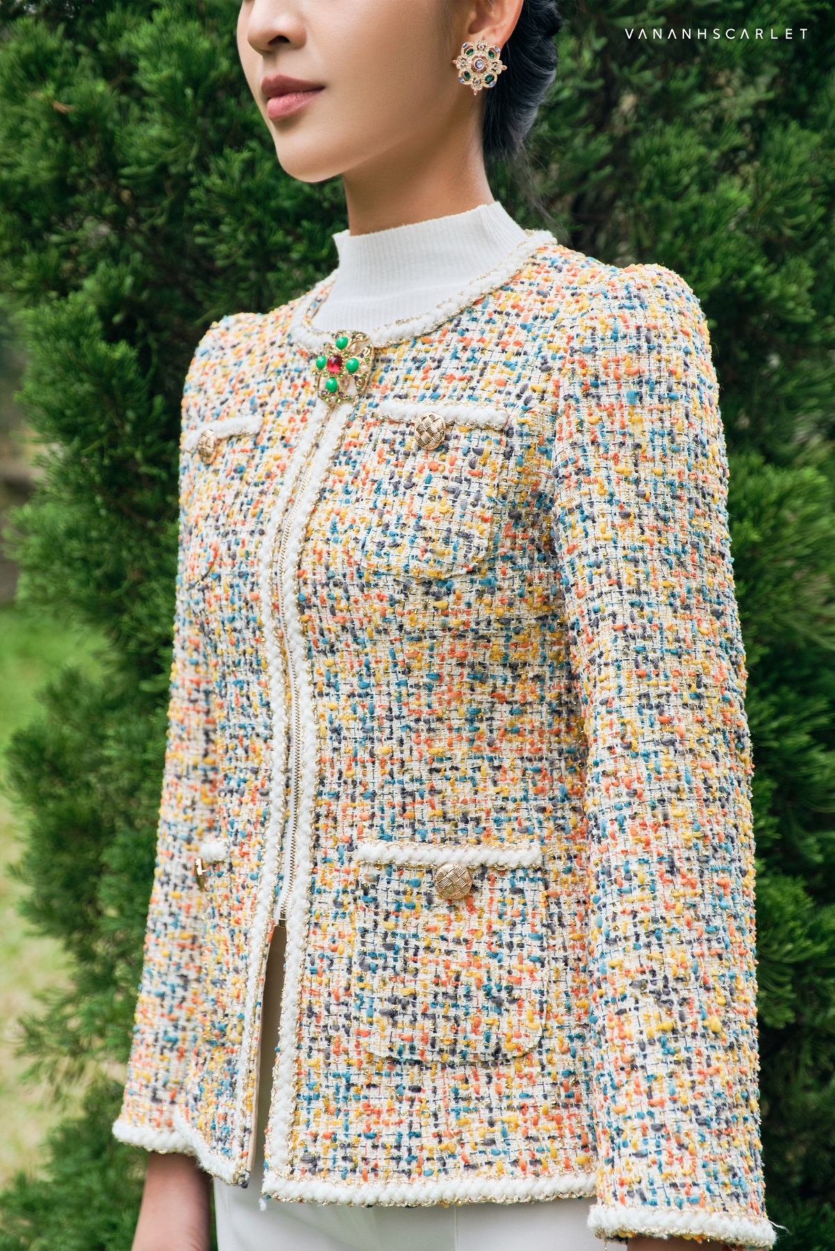 Áo khoác tweed cổ tròn túi 1 Áo khoác tweed cổ tròn túi