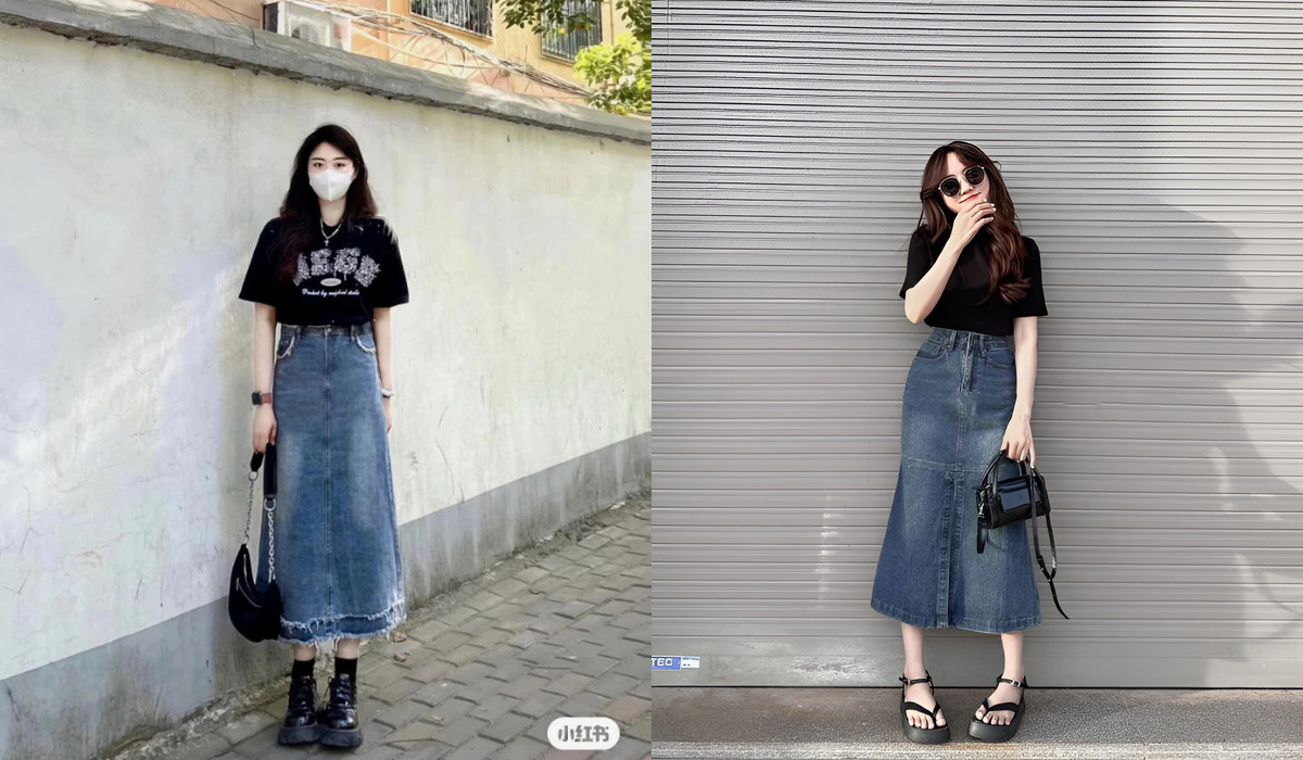 Chân Váy Jean Dài Qua Gối Mặc Với Áo Gì? 15+ Gợi Ý Phối Đồ 7 phối đồ với chân váy jean dài và blazer