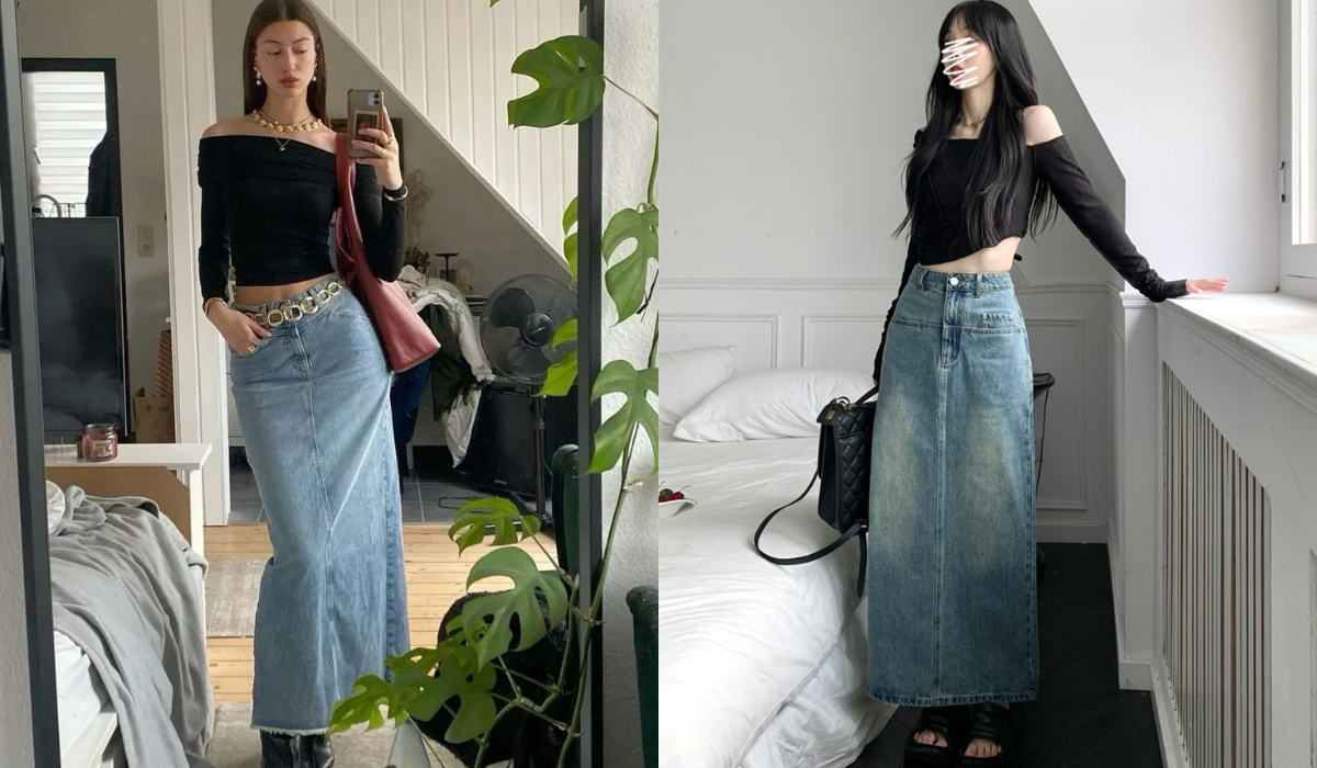 Chân Váy Jean Dài Qua Gối Mặc Với Áo Gì? 15+ Gợi Ý Phối Đồ 3 chân váy bò dài mặc với áo gì