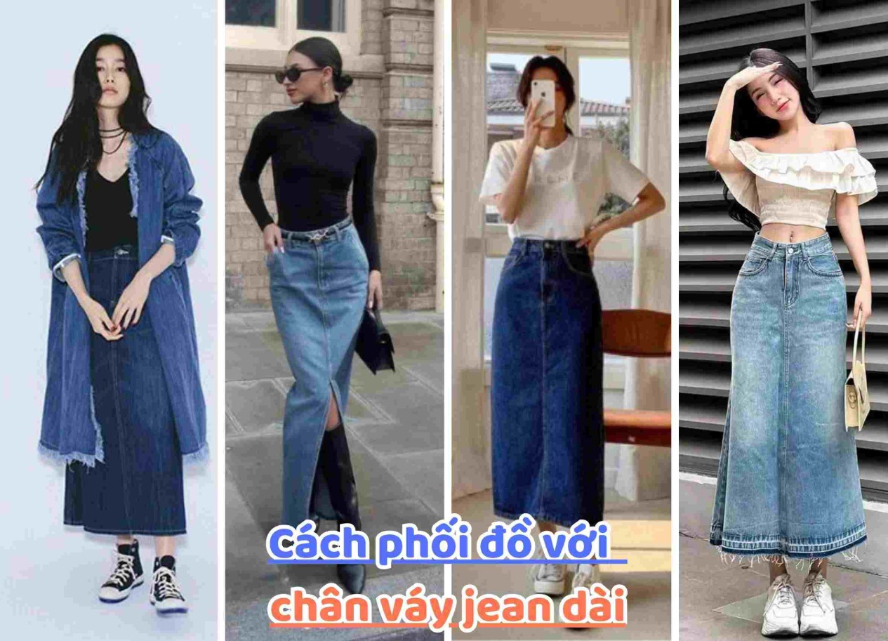 Chân Váy Jean Dài Qua Gối Mặc Với Áo Gì? 15+ Gợi Ý Phối Đồ 2 chân váy jean dài qua gối mặc với áo gì