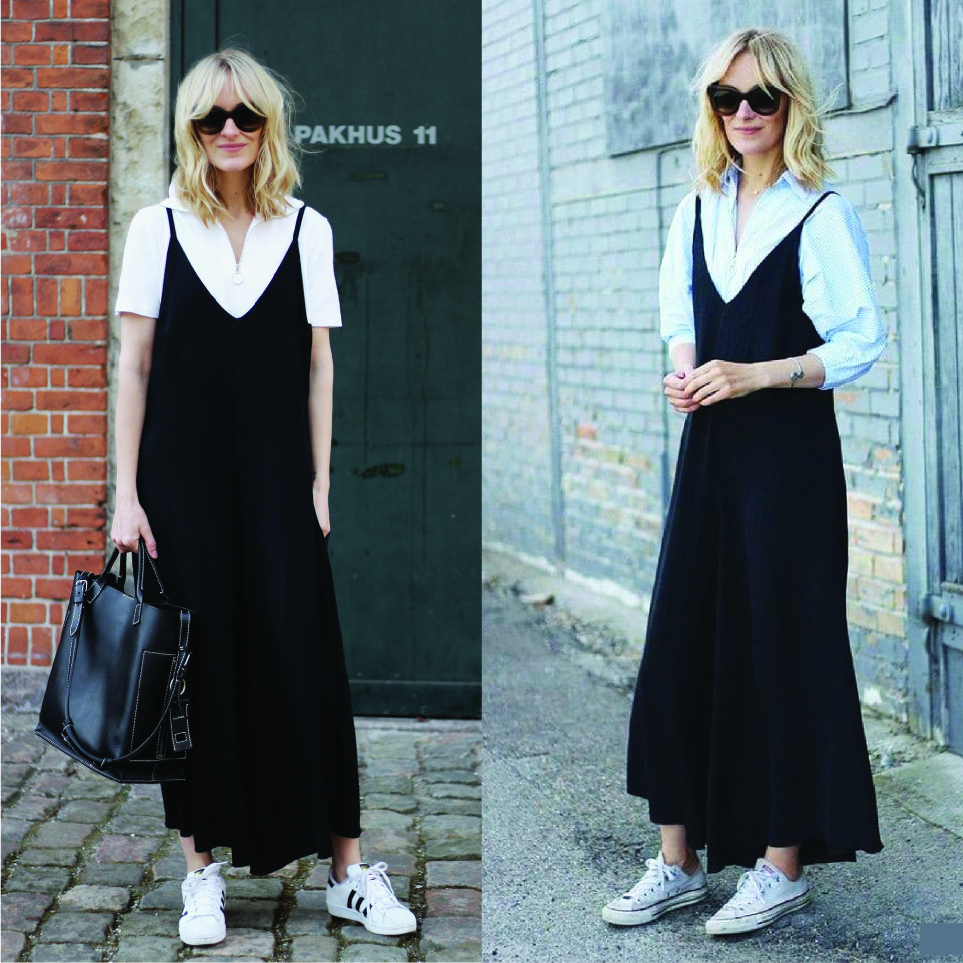 Phối áo sơ mi với váy hai dây