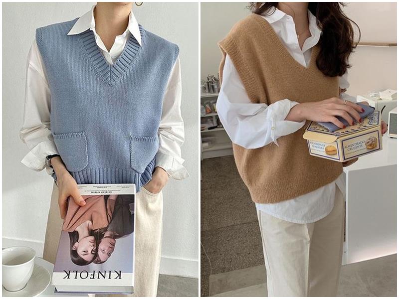 Áo len phối sơ mi mặc với quần jean
