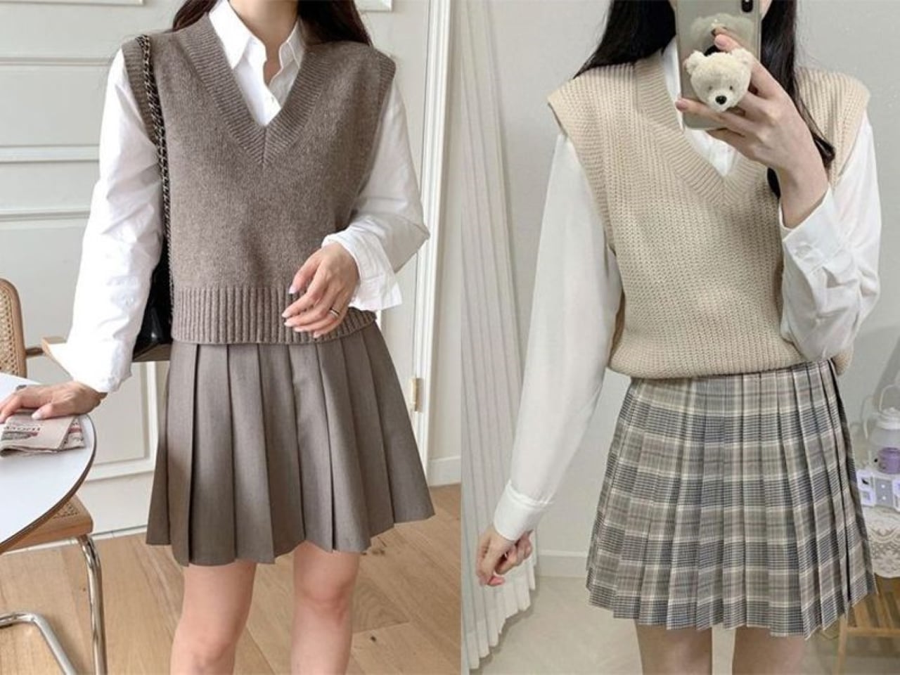 Cách phối áo len cổ tim với sơ mi