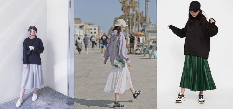 10+ Cách Phối Áo Hoodie Với Chân Váy Dài Hack Dáng Đỉnh 2 Phối áo hoodie trắng với chân váy dài đen