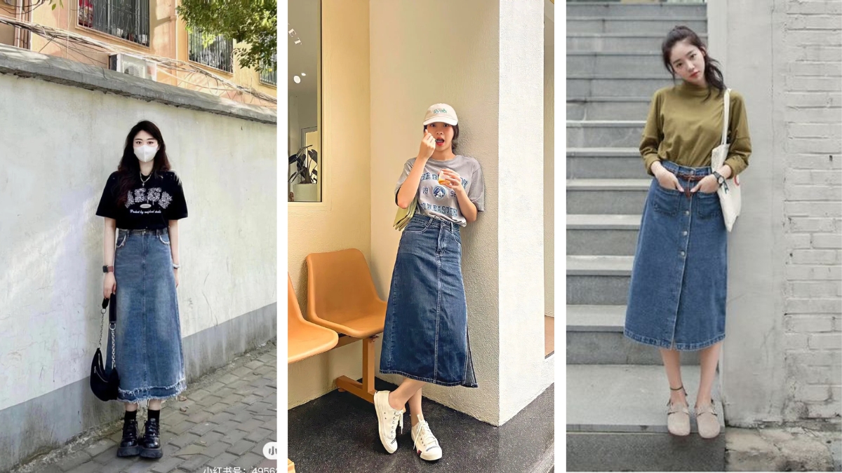 Chân Váy Jean Dài Qua Gối Mặc Với Áo Gì? 15+ Gợi Ý Phối Đồ 6 chân váy jean dài mặc với áo len