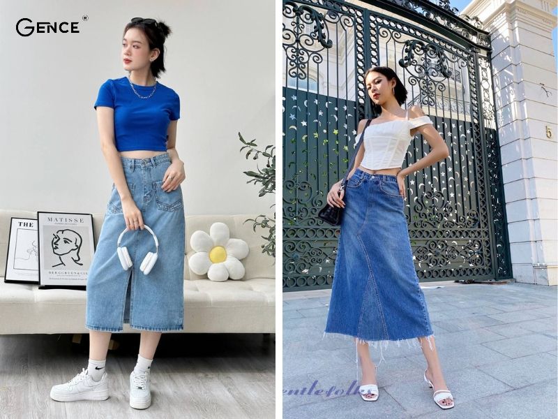 phối áo croptop với chân váy jean