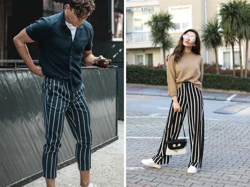 Phối quần kẻ sọc trắng đen với áo thun