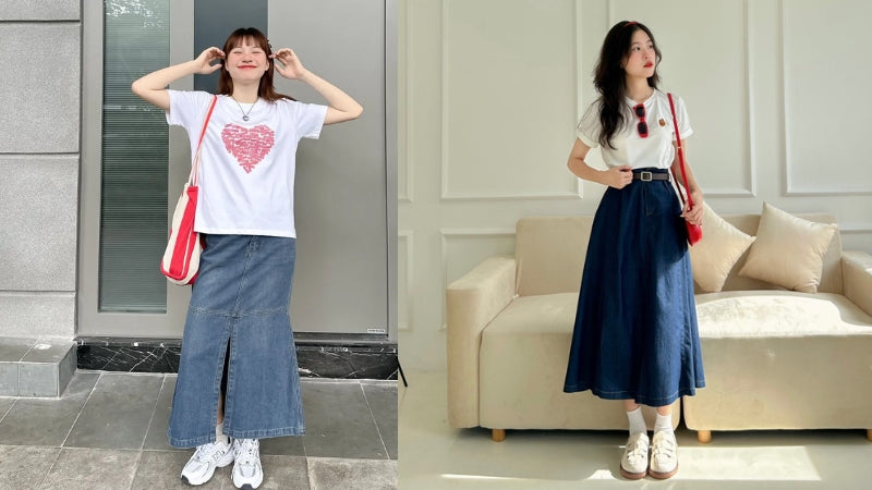 Outfit chân váy jean dài với áo thun