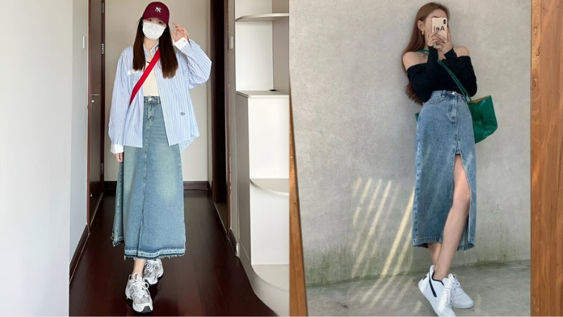 Chân váy jean dài áo sơ mi