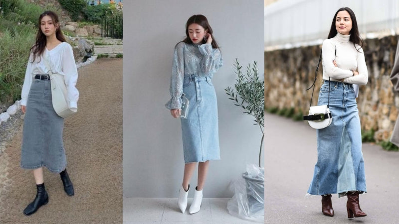 Cách phối đồ mùa đông với chân váy jean dài