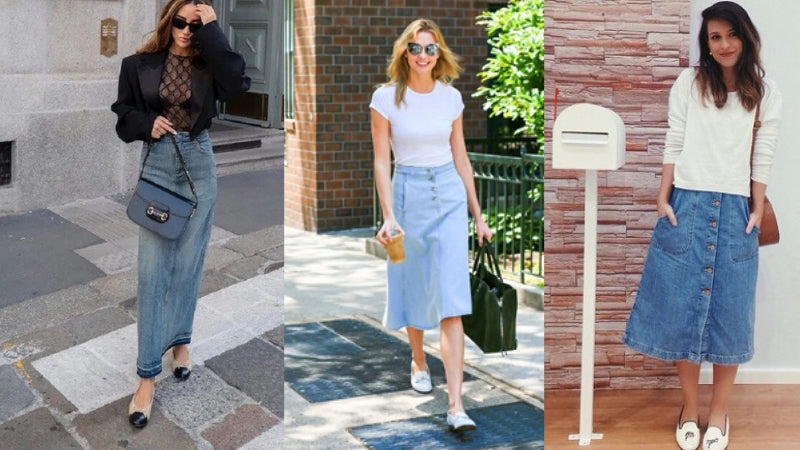 Set đồ chân váy jean dài và blazer