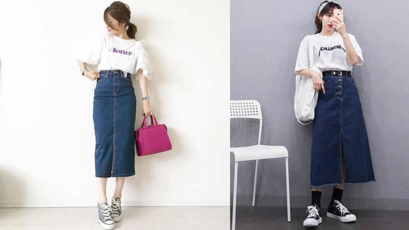 Chân váy bò dài đi giày thể thao