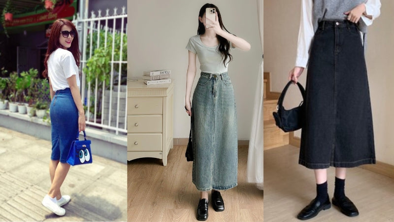 Phối đồ chân váy jean dài cho người lùn