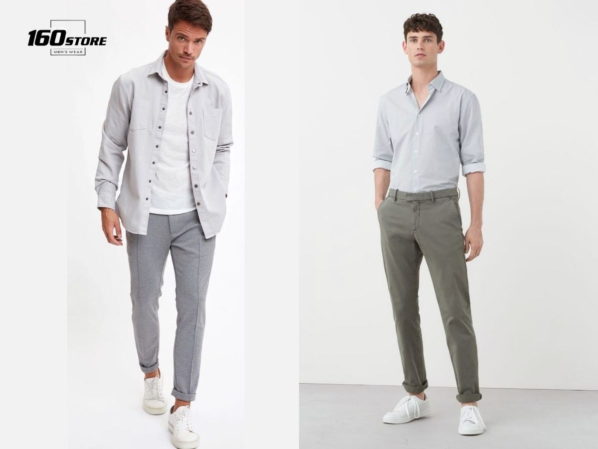 Quần ống rộng xám mặc với áo gì