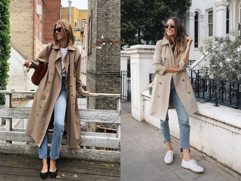 Phối đồ với áo măng tô kaki nữ thanh lịch