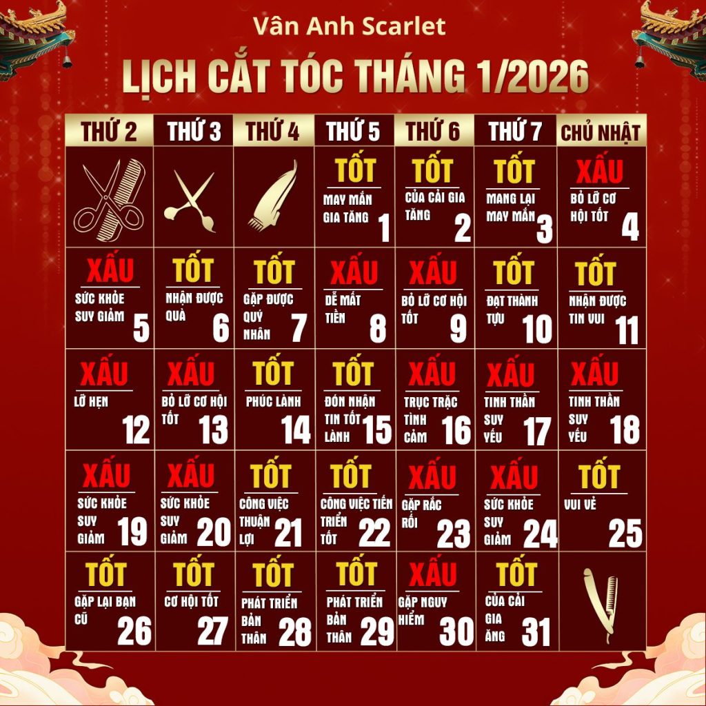 Lịch Cắt Tóc Tháng 1 2026