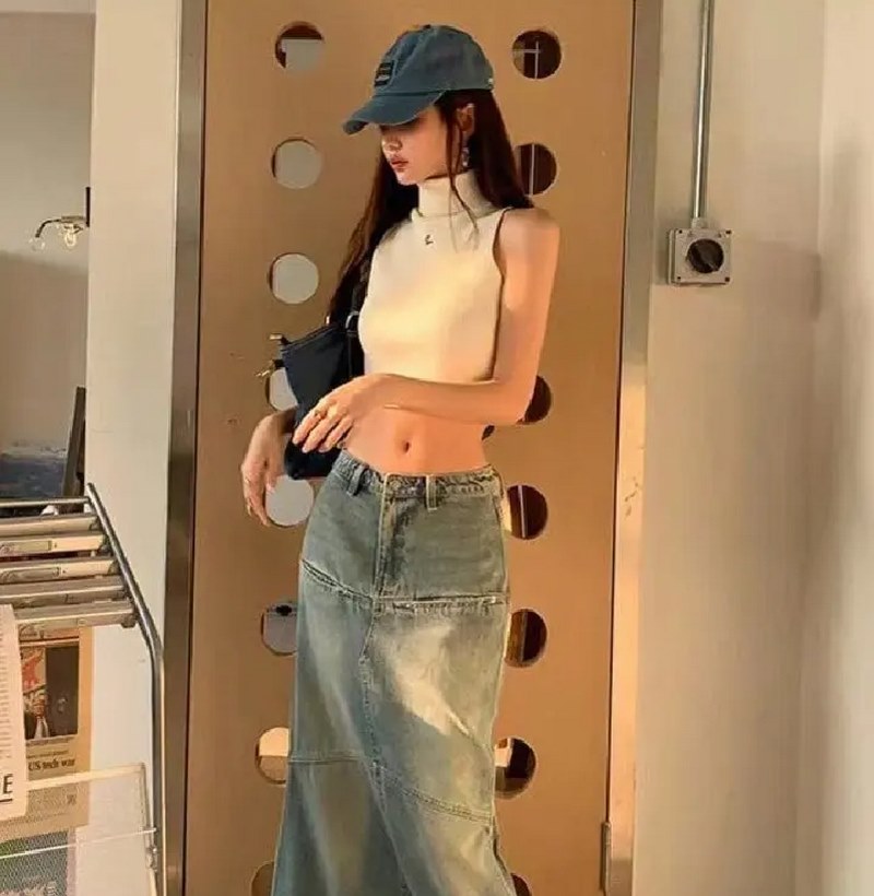 phoi ao croptop voi chan vay jean 3999