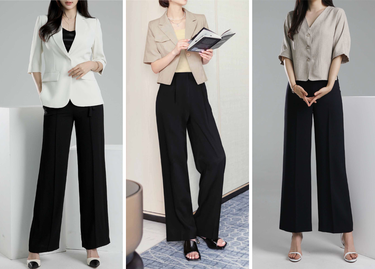 Phối áo blazer với quần ống rộng đen