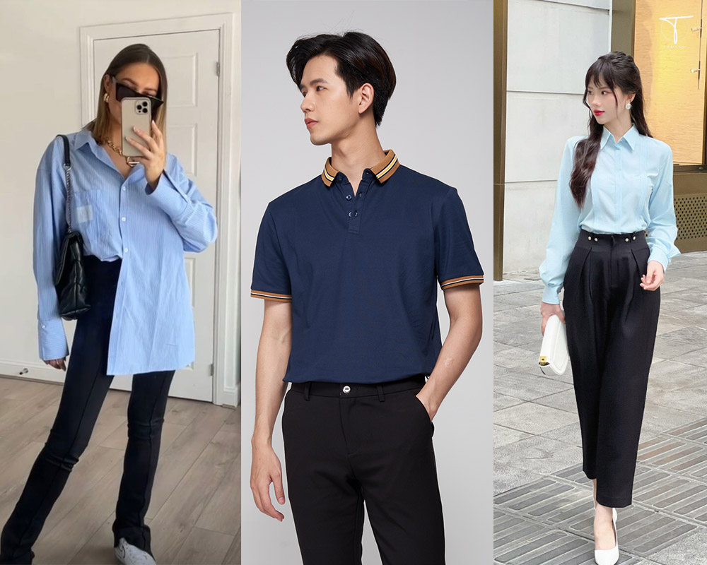 Quần đen phối áo màu xanh dương