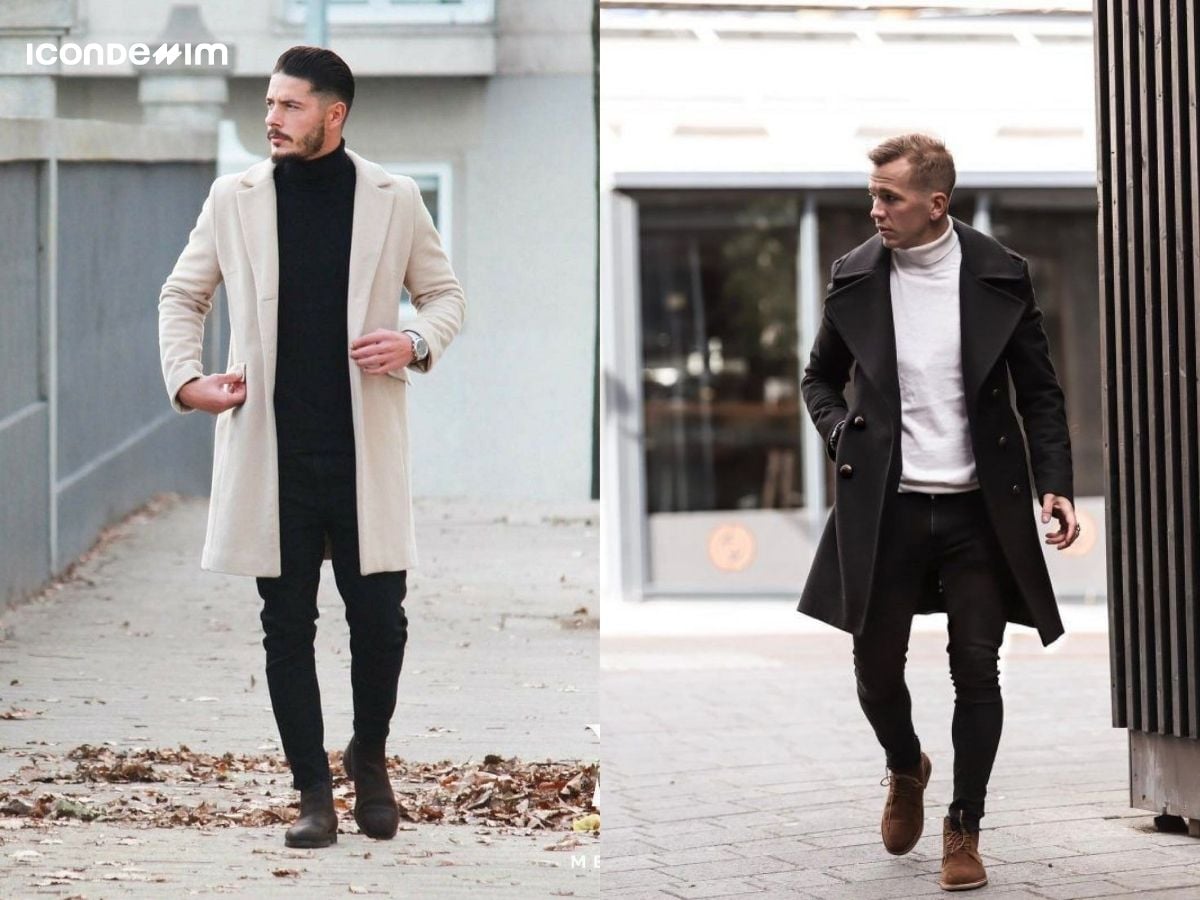 Phối đồ với áo khoác dạ nam và áo len cổ lọ